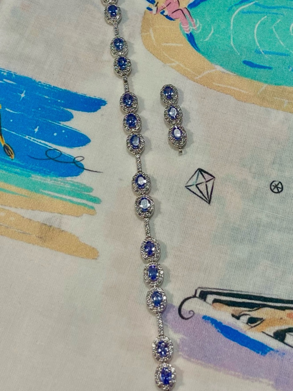 Tanzanite and Diamond Tennis Bracelet 6.25” with extra links 925 Sterling